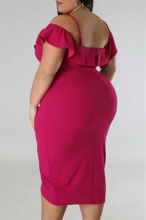 Wholesale Rose Purple Sexy Solid Patchwork Backless Off The Shoulder Short Sleeve Dress Plus