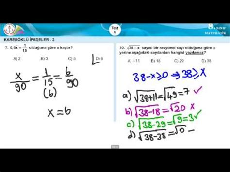 Sinif Matemat K Karek Kl Sayilar Meb Kazan M Test
