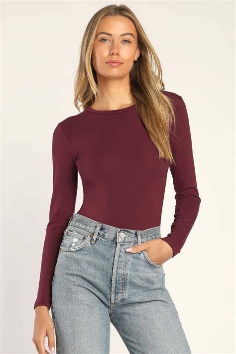 Burgundy Bodysuit Long Sleeve Bodysuit Simple Bodysuit Lulus