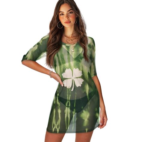 FKELYI Women S Swimwear Cover Ups Tie Dye Green Shamrock Leaf Print Breathable Bikini Suit Cover