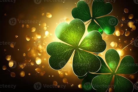 Festive Background With Shining Clover Shamrocks And Golden Bokeh St