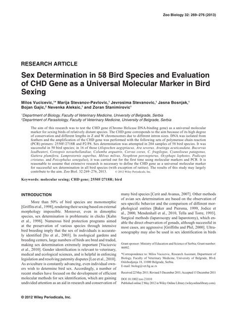 PDF Sex Determination In Bird Species And Evaluation Of CHD Gene As A Universal Molecular
