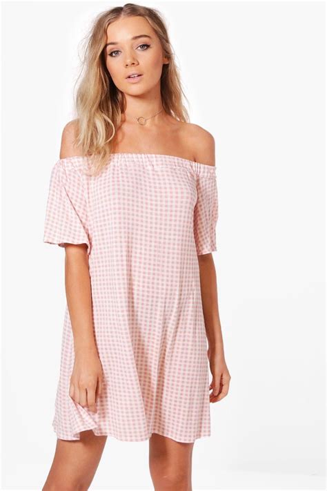 Womens Lucie Off The Shoulder Gingham Mini Dress Boohoo Uk Mini