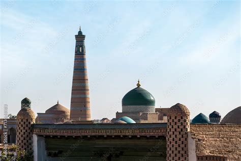 Two Of Main Attractions Of Khiva Uzbekistan Islam Khodja Minaret And