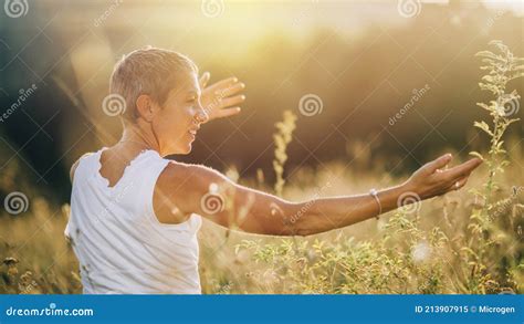 Positive Sunshine Mindful Woman Enjoying Sunlight Embracing The