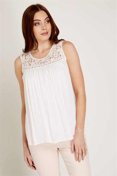 Lace Yoke Crinkle Top In White Roman Originals UK