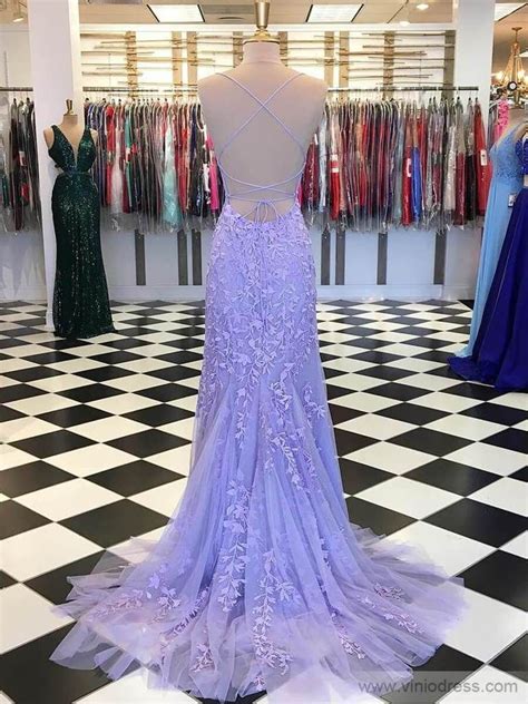 Mermaid Lace Lilac Long Prom Dresses Spaghetti Strap Evening Dress