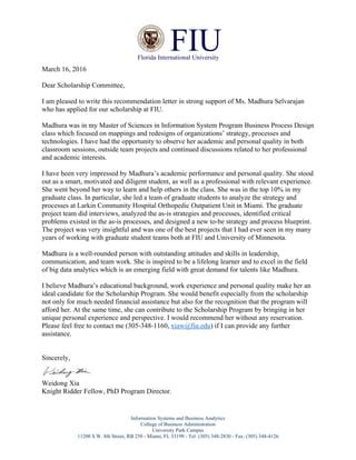 FIU Scholarship Recommendation Letter For Madhura Selvarajan Prof