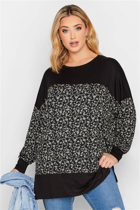 Plus Size Black Floral Print Long Sleeve Top Yours Clothing