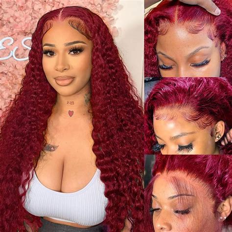 250 Density 99j Burgundy 13x6 Deep Wave Hd Lace Front Wigs Human Hair For Women