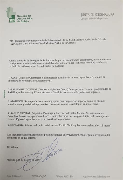 Comunicado Del Centro De Salud De Montijo Puebla De La Calzada