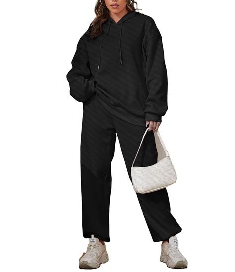 Hooded Solid Black Long Sleeve Casual Women Two Piece Outfitswomens