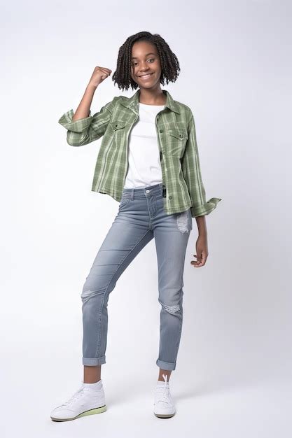 Premium AI Image A Woman Wearing A Green Shirt And Jeans Stands In