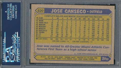 Jose Canseco Signed 1987 Topps 620 Inscribed 88 AL MVP PSA