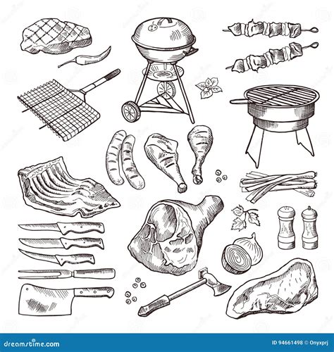 Bbq Vector Hand Drawn Illustration Set Grilled Meat And Other