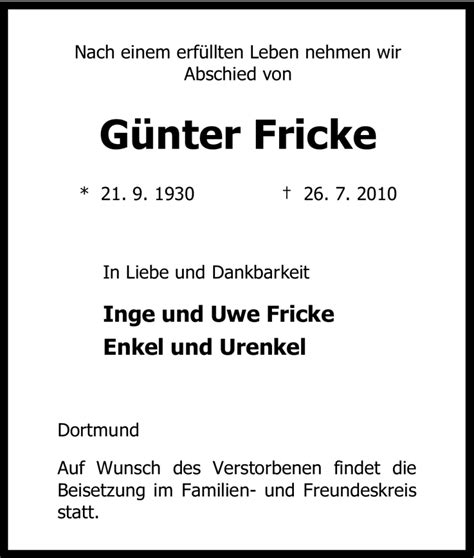 Traueranzeigen Von G Nter Fricke Trauer In Nrw De