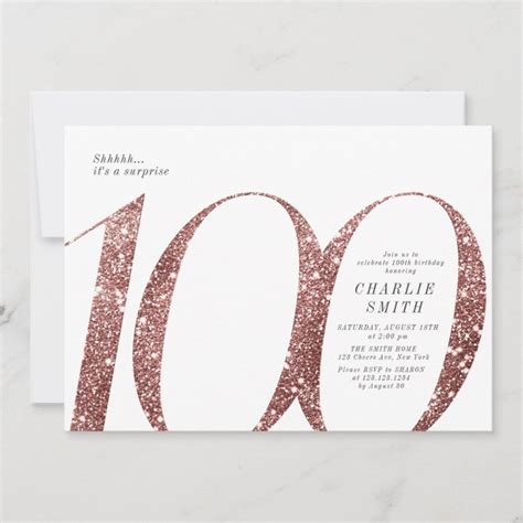 Modern Minimalist Rose Gold Glitter 100th Birthday Invitation Zazzle