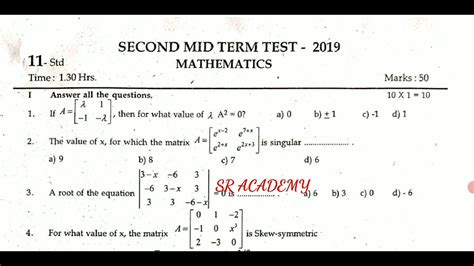 Th Maths Second Midterm Test Question Paper English Medium Salem