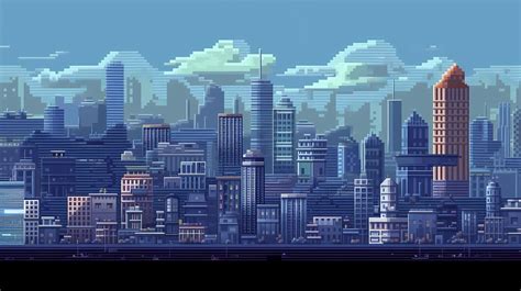 Premium Photo | A pixel art cityscape with a cityscape in the background.