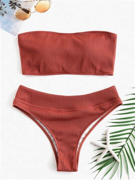 29 OFF 2021 ZAFUL Textured Ribbed Bandeau Bikini Set In CHESTNUT RED