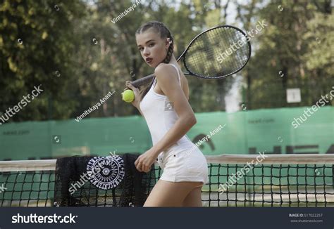 Beautiful Brunette Woman White Playing Tennis Stock Photo 517022257 Shutterstock