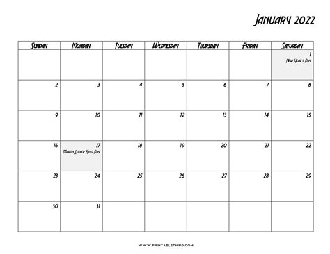 January Printable Calendar Monthly Free Letter Templates