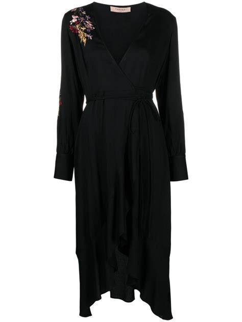 Twinset Floral Embroidered Crepe Wrapdress Black Farfetch