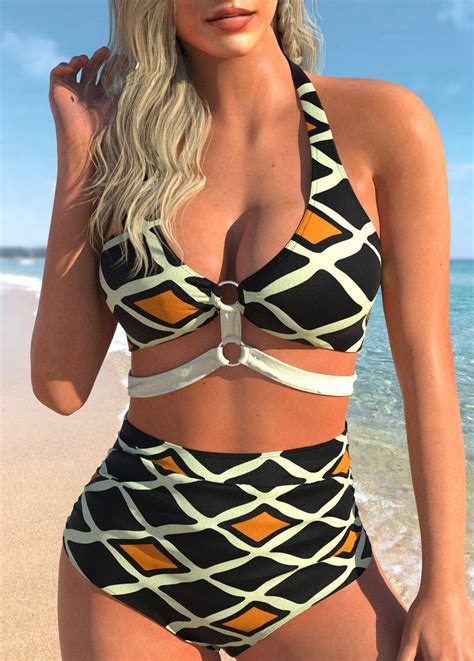 Halter Geometric Print High Waisted Bikini Set Rosewe Usd