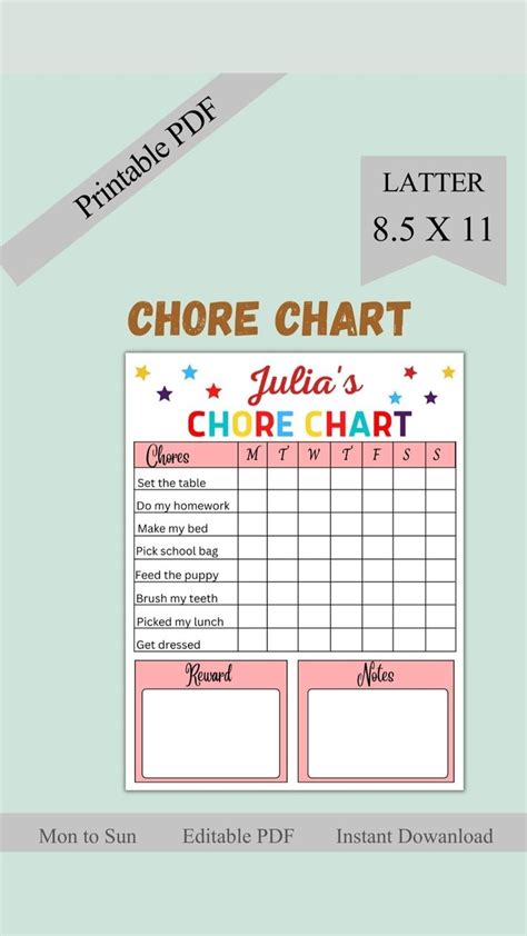 Customizable Digital Chore Chart Chore Chart Printable Daily Chore