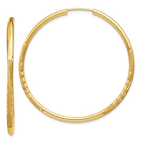 14k Yellow Gold Diamond Cut Endless Hoop Earrings 2mm All Sizes