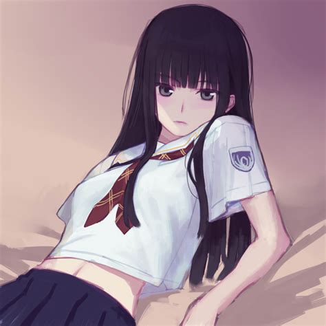 Safebooru 1girl Bangs Black Eyes Black Hair Blue Skirt Blunt Bangs