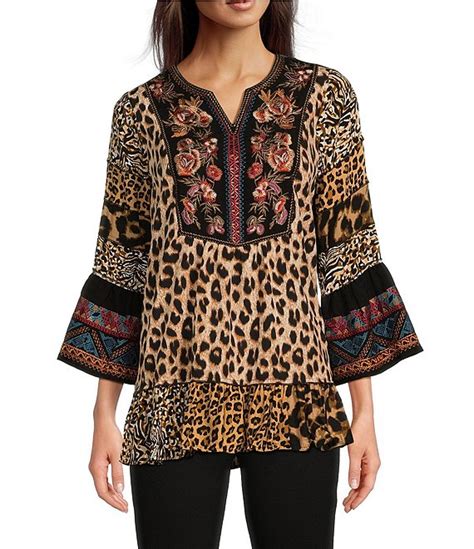 Calessa Embroidered Patchwork Split Round Neckline 3 4 Sleeve Tunic