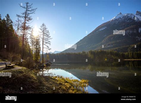 Golden Sunrise At Famous Lake Hintersee Bavaria Germany Stock Photo