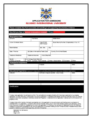 Fillable Online Application For Admissions Aiuglobal Fax Email