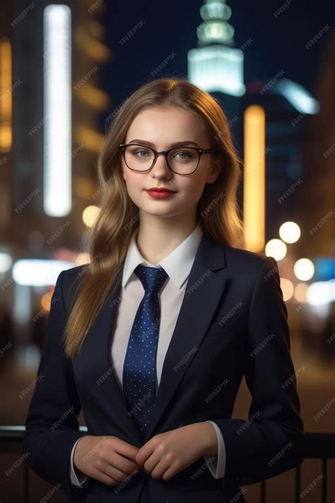 Premium Photo A Pretty European Girl In A Suit And Glasses On A Night Background