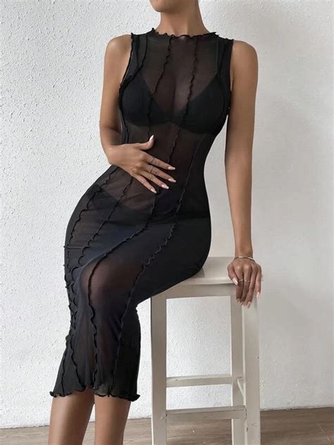 Shein Priv Lettuce Trim Sheer Mesh Bodycon Dress Without Lingerie Set