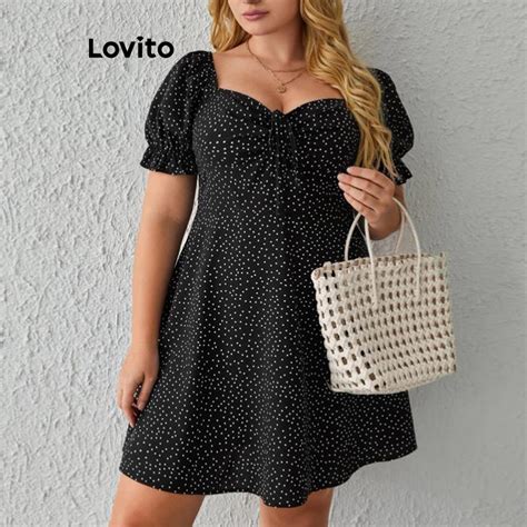 Lovito Plus Size Curve Casual Polka Dot Drawstring Puff Sleeve Dress