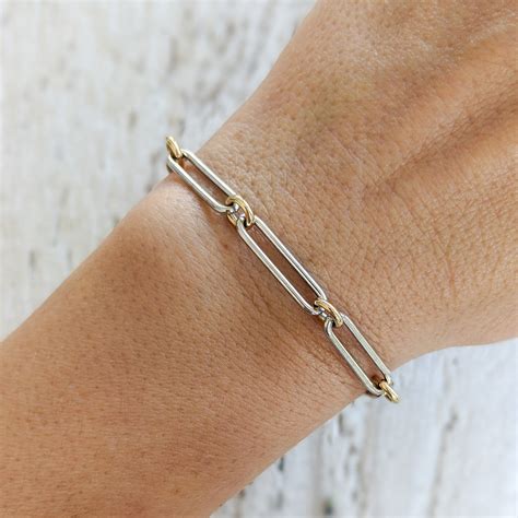 Two Tone Paperclip Chain Bracelet 14k Yellow Gold 14k Etsy