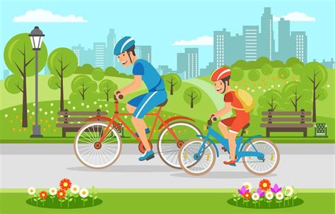 Premium Vector Cartoon Father With Son Riding On Bicycles In Park