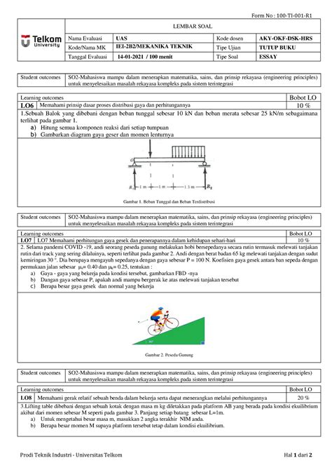 SOAL UAS Mekanika Teknik 2021 Form No 100 TI 001 R Prodi Teknik