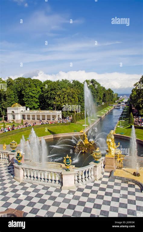 Peterhof Palace Grand Cascade With Fountains And Gardens In Summer