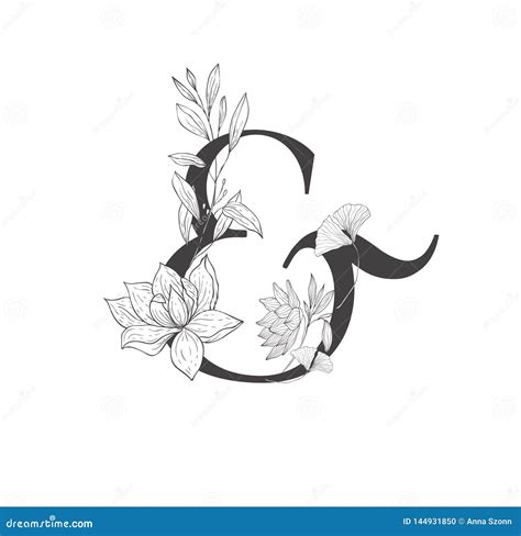 Floral Botanical Alphabet Letter With Plants And Flowers Stock Vector