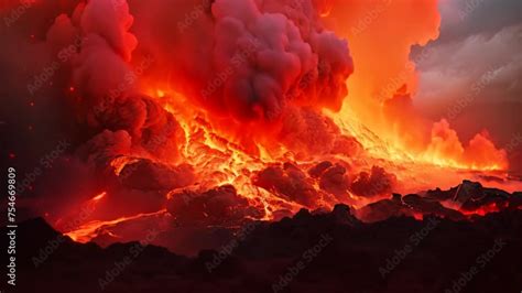 Volcanic Eruption With Smoke And Ash In The Sky 3d Rendering Lava