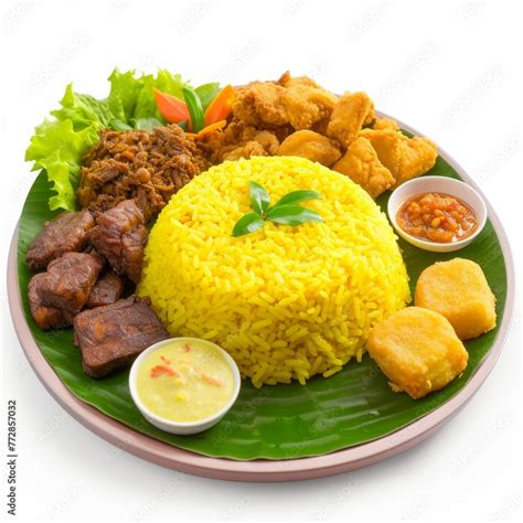 Nasi Kuning Indonesian Yellow Rice Cooked With Coconut Milk And Turmeric Usually Served With