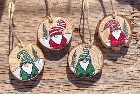 Hand Painted Rustic Wood Slice Holiday Winter Gnome Ornaments Christmas