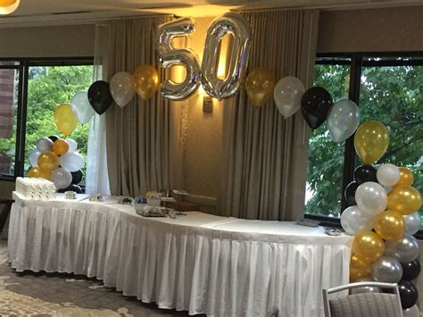 50th birthday. Balloon columns and balloon arch | Table decorations ...