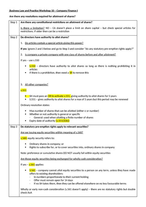 BLP 10 Company Finance 1 Business Law And Practice Workshop 10