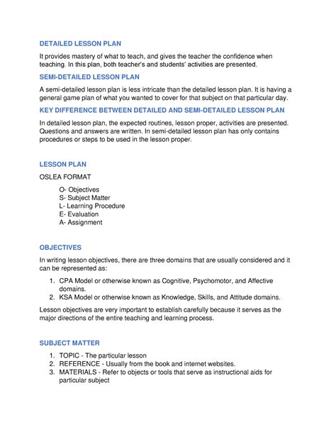 Lesson PLAN 1 Lesson Plan DETAILED LESSON PLAN It Provides Mastery