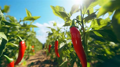 Red Hot Chili Peppers On The Garden Close Up Capsicum Frutescens Selective Fo Stock