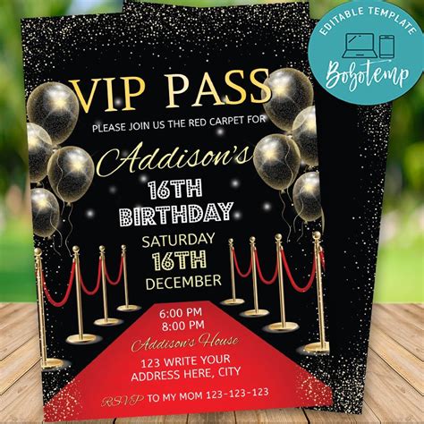 Printable Hollywood Vip Pass Birthday Invitation Instant Download Bobotemp